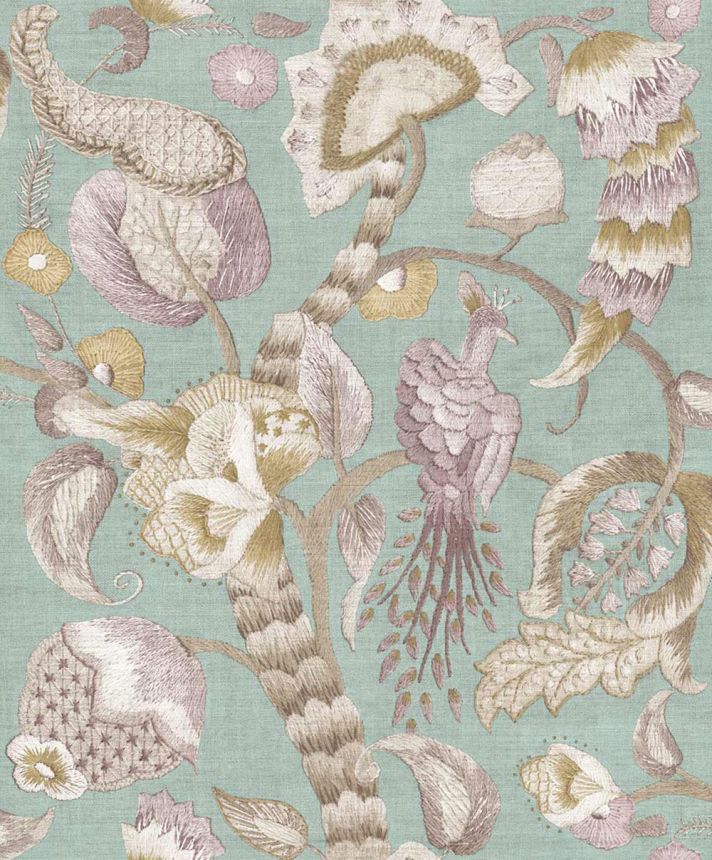 Tapeta, sivá, zelená, kvitnúce vetvičky, vtáky, 5800, Jaipur, Parato by Cristiana Masi