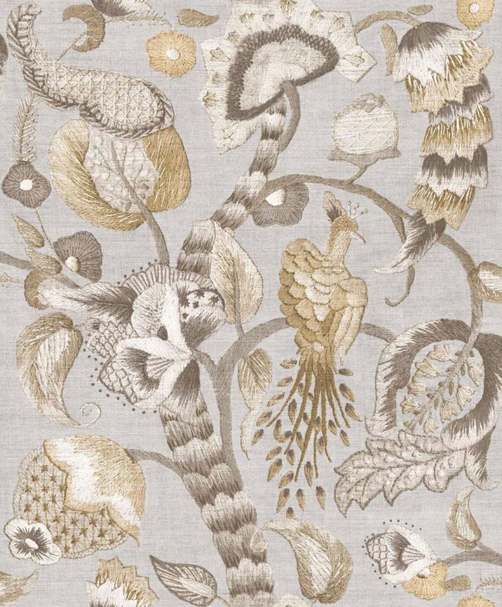 Tapeta, sivá, béžová, kvitnúce vetvičky, vtáky, 5801, Jaipur, Parato by Cristiana Masi