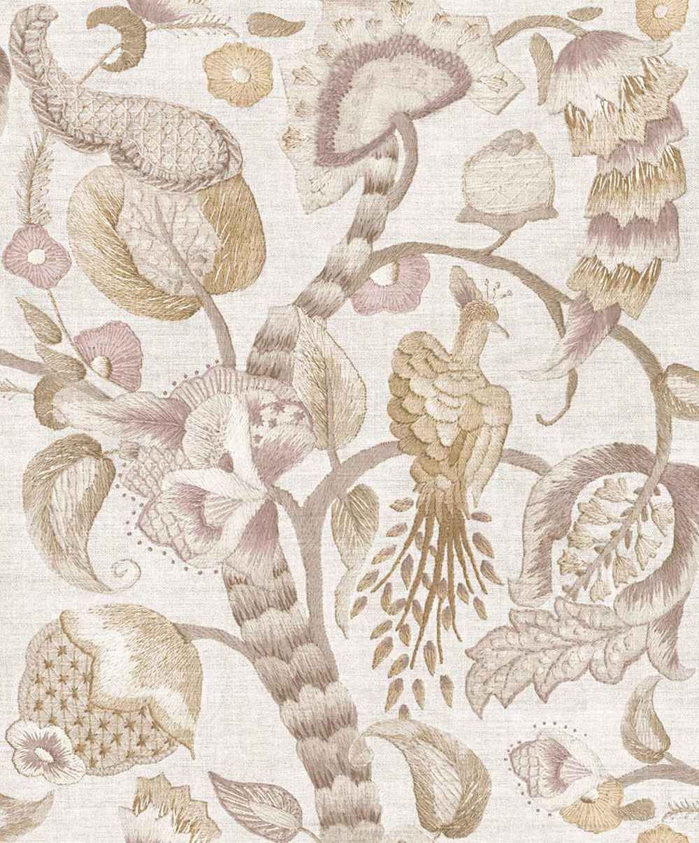 Tapeta, ružová, béžová, kvitnúce vetvičky, vtáky, 5804, Jaipur, Parato by Cristiana Masi