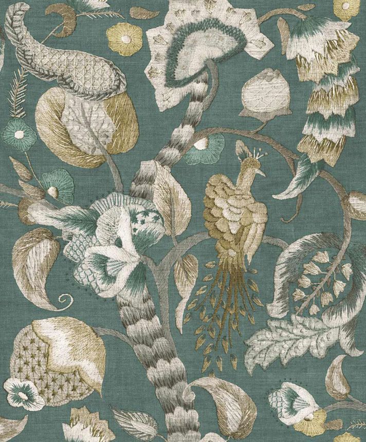 Tapeta, zelená, sivá, kvitnúce vetvičky, vtáky, 5806, Jaipur, Parato by Cristiana Masi