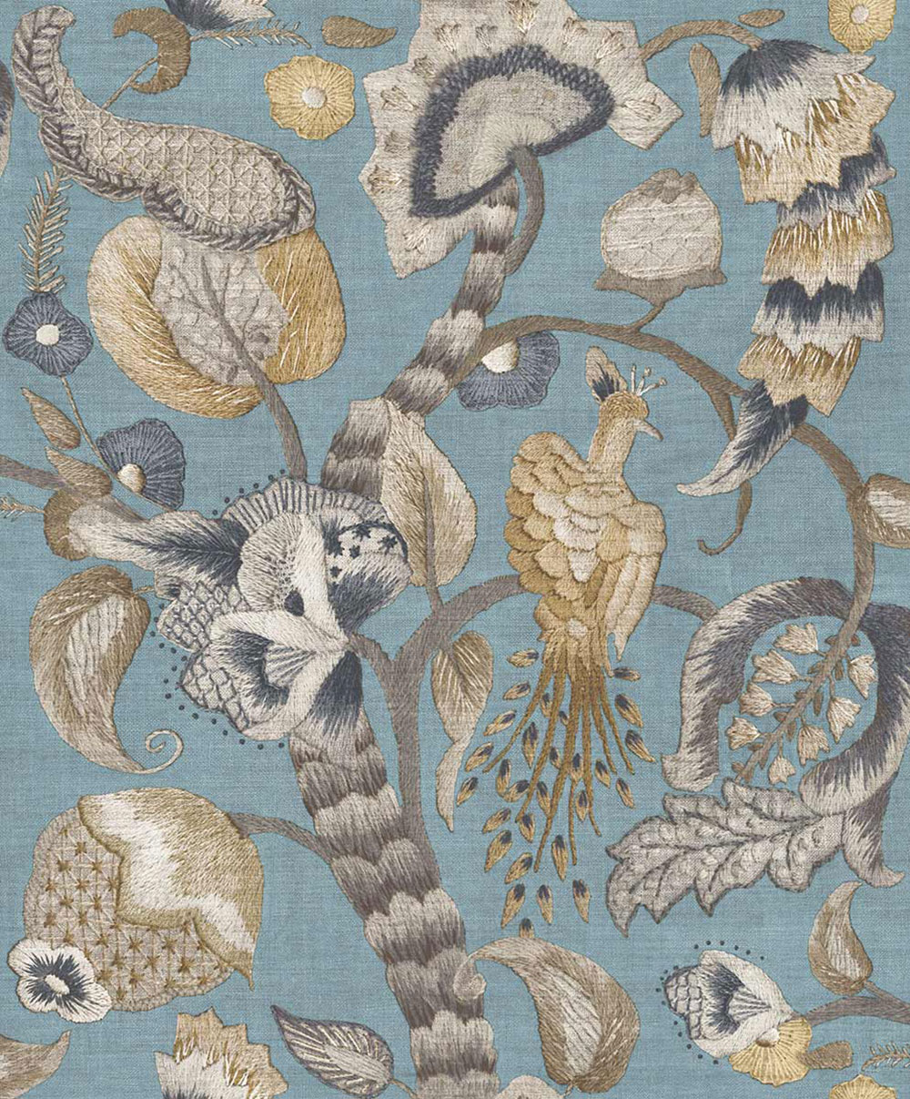 Tapeta, modrá, sivá, kvitnúce vetvičky, vtáky, 5807, Jaipur, Parato by Cristiana Masi