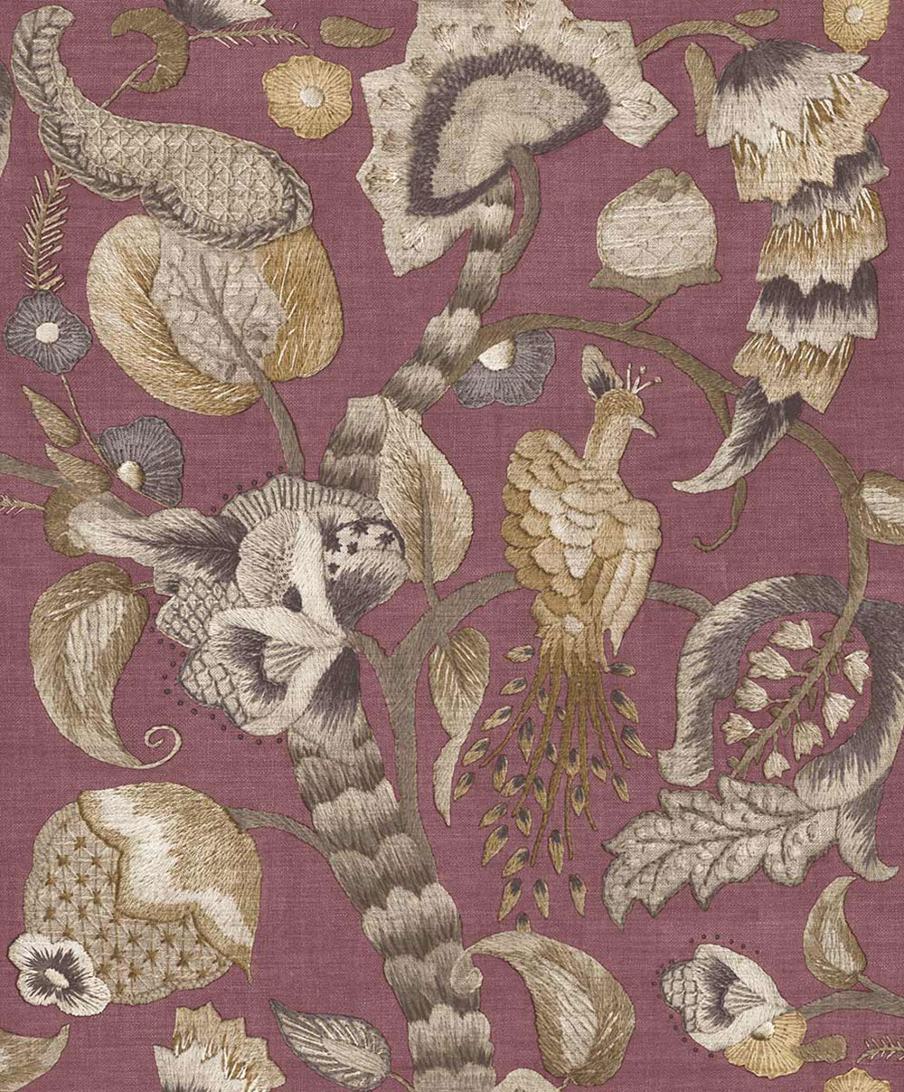 Tapeta, zelená, fialová, kvitnúce vetvičky, vtáky, 5808, Jaipur, Parato by Cristiana Masi