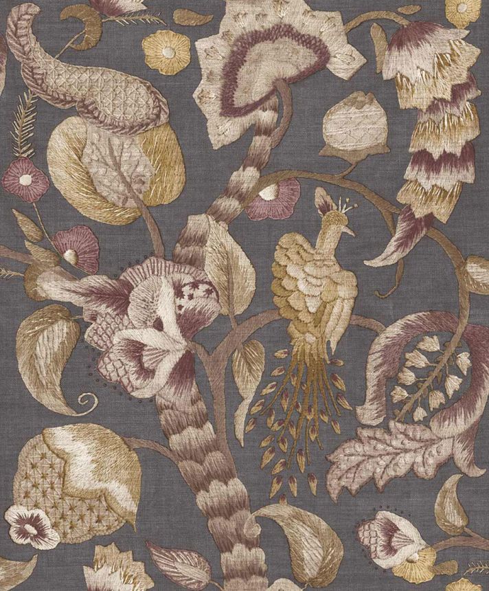 Tapeta, sivá, hnedá, kvitnúce vetvičky, vtáky, 5809, Jaipur, Parato by Cristiana Masi
