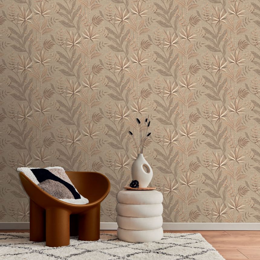 Tapeta, hnedá, béžová, imitácia látky, listy, TN29081, Terra Nova, Decoprint