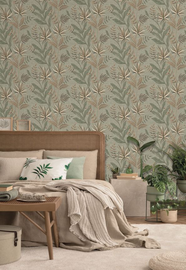 Tapeta, zelená, hnedá, imitácia látky, listy, TN29083, Terra Nova, Decoprint