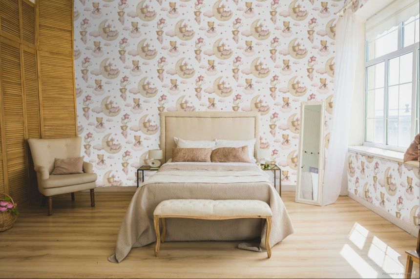 Detská tapeta, ružová, hnedá, medvedíky, hviezdičky a balóny, 4402, Momi, Parato by Cristiana Masi