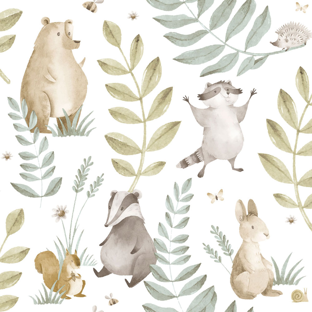 Detská tapeta, modrá, zelená, zvieratká a listy, 4410, Momi, Parato by Cristiana Masi