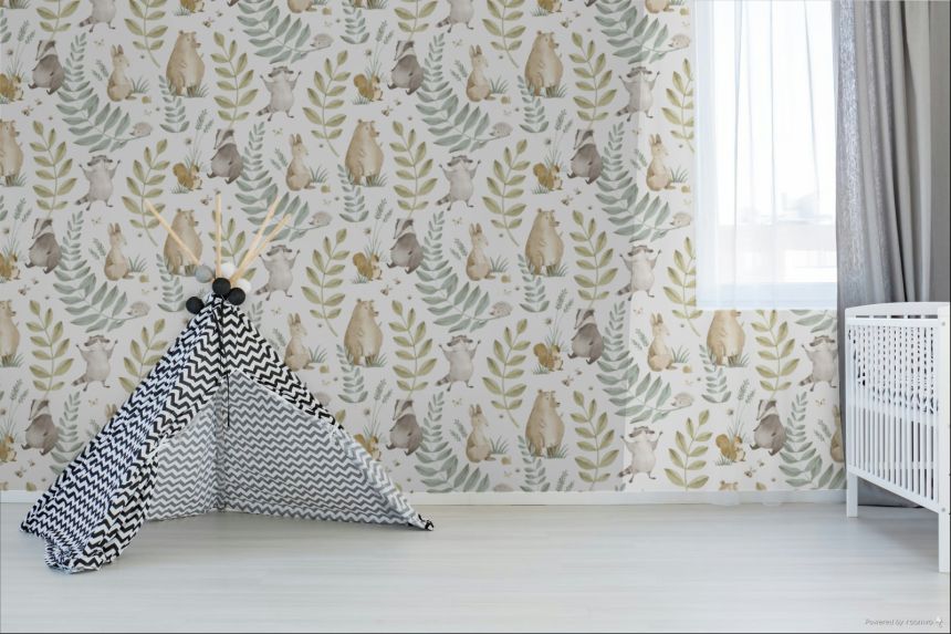Detská tapeta, modrá, zelená, zvieratká a listy, 4410, Momi, Parato by Cristiana Masi