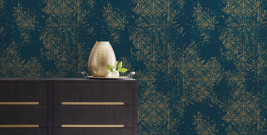 Tapeta, modrá, béžová, vintage ornamenty, AU41205, Aurelia, Prestige Wallcoverings