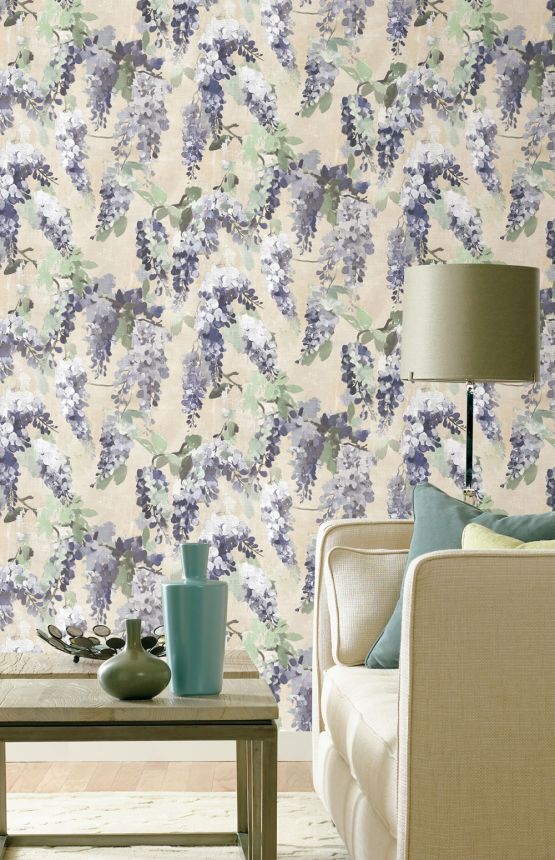 Tapeta, modrá, zelená, kvety, vetvičky, AU41603, Aurelia, Prestige Wallcoverings
