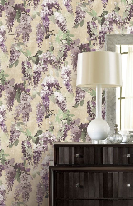 Tapeta, fialová, béžová, kvety, vetvičky, AU41604, Aurelia, Prestige Wallcoverings