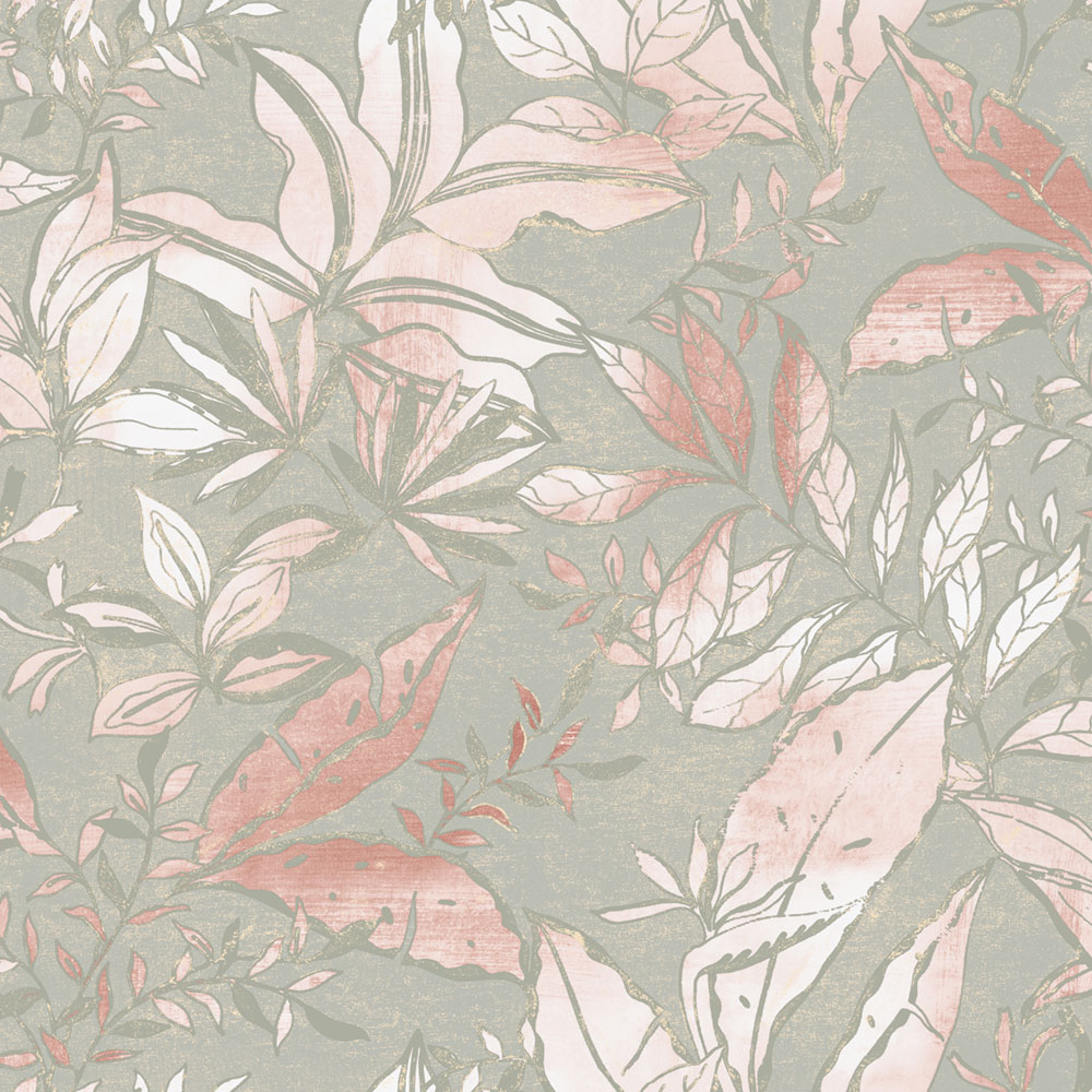 Tapeta, sivá, ružová, listy a vetvičky, AU41703, Aurelia, Prestige Wallcoverings
