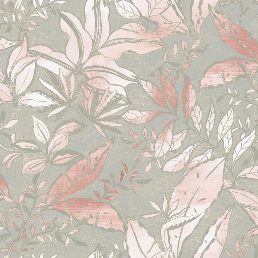 Tapeta, sivá, ružová, listy a vetvičky, AU41703, Aurelia, Prestige Wallcoverings