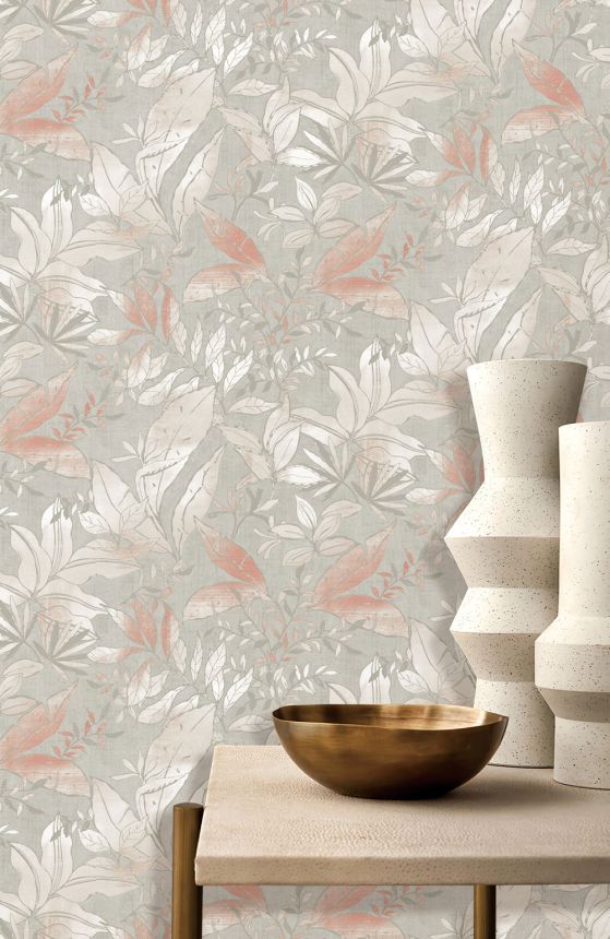 Tapeta, sivá, ružová, listy a vetvičky, AU41703, Aurelia, Prestige Wallcoverings