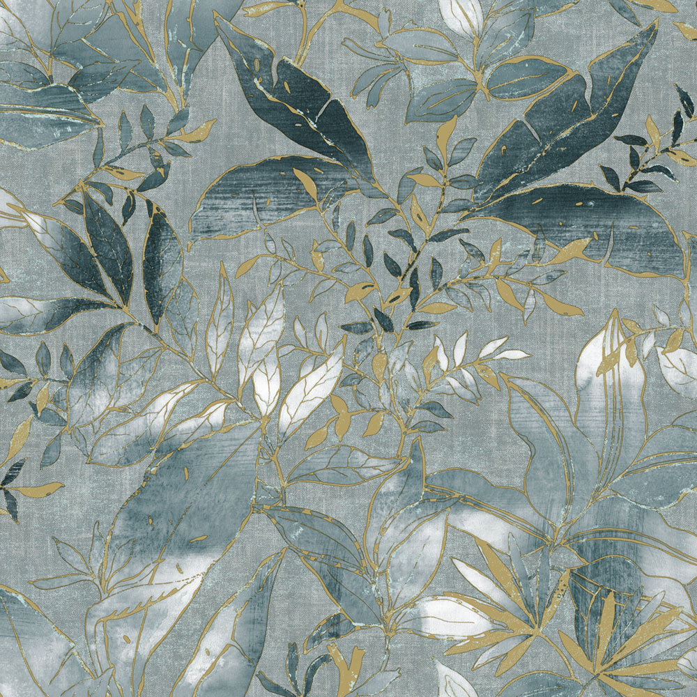 Tapeta, modrá, zlatá, listy a vetvičky, AU41704, Aurelia, Prestige Wallcoverings