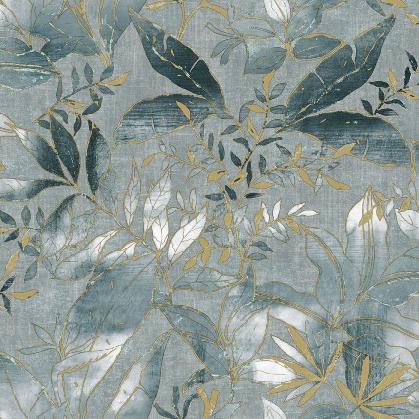 Tapeta, modrá, zlatá, listy a vetvičky, AU41704, Aurelia, Prestige Wallcoverings