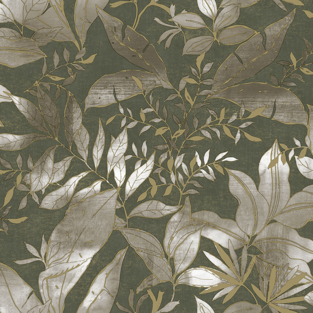Tapeta, zelená, zlatá, listy a vetvičky, AU41705, Aurelia, Prestige Wallcoverings