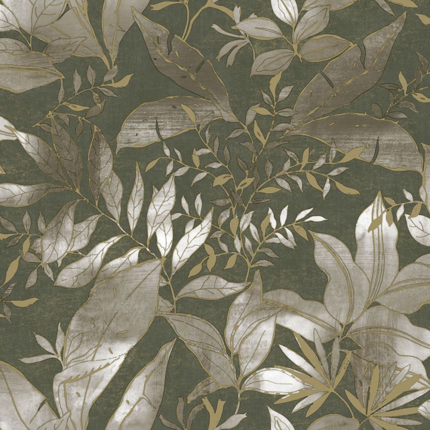 Tapeta, zelená, zlatá, listy a vetvičky, AU41705, Aurelia, Prestige Wallcoverings