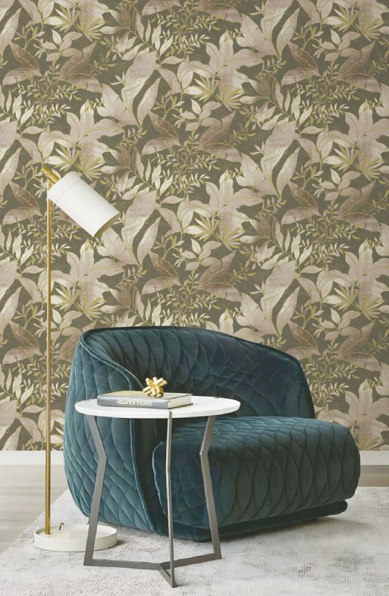 Tapeta, zelená, zlatá, listy a vetvičky, AU41705, Aurelia, Prestige Wallcoverings
