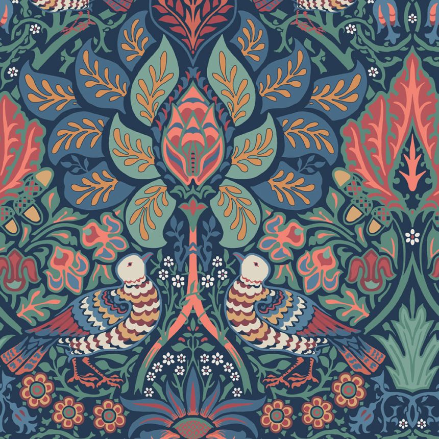 Tapeta, modrá, oranžová, kvety, vtáky, 140477, William Morris at Home vol. 2