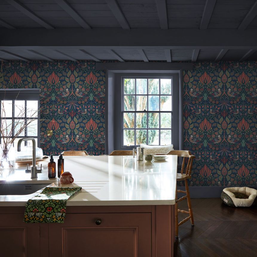 Tapeta, modrá, oranžová, kvety, vtáky, 140477, William Morris at Home vol. 2
