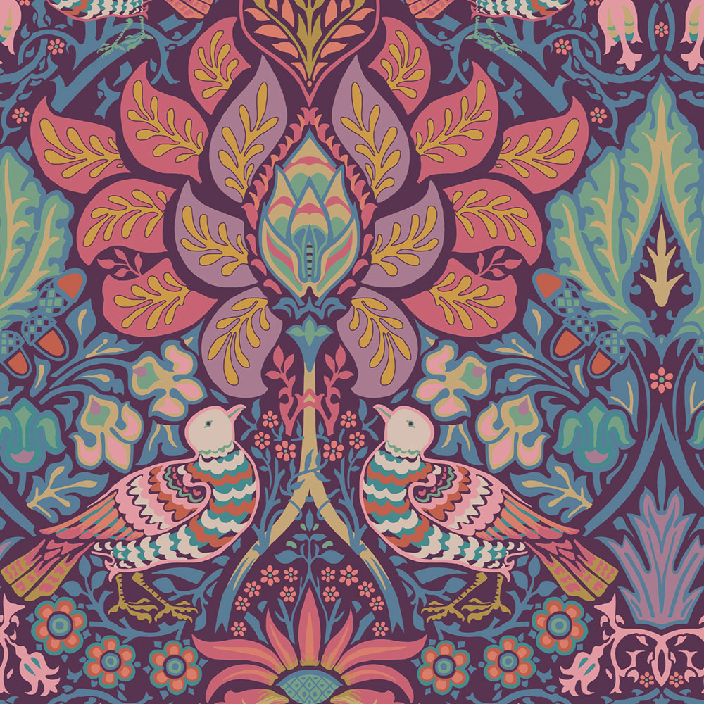 Tapeta, fialová, ružová, kvety, vtáky, 140478, William Morris at Home vol. 2