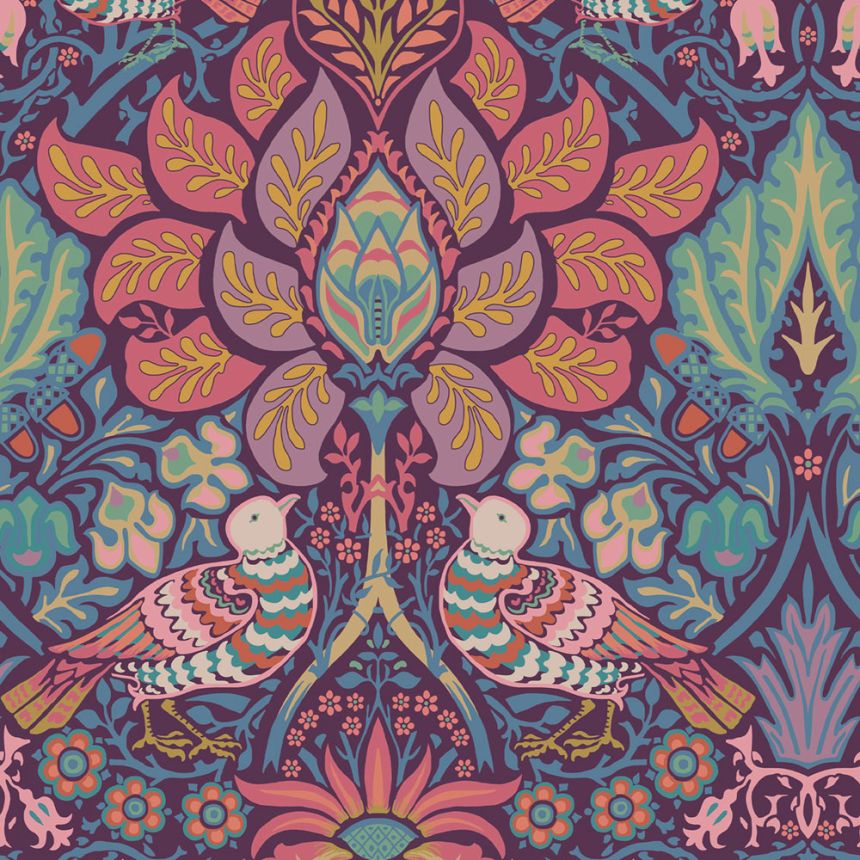 Tapeta, fialová, ružová, kvety, vtáky, 140478, William Morris at Home vol. 2