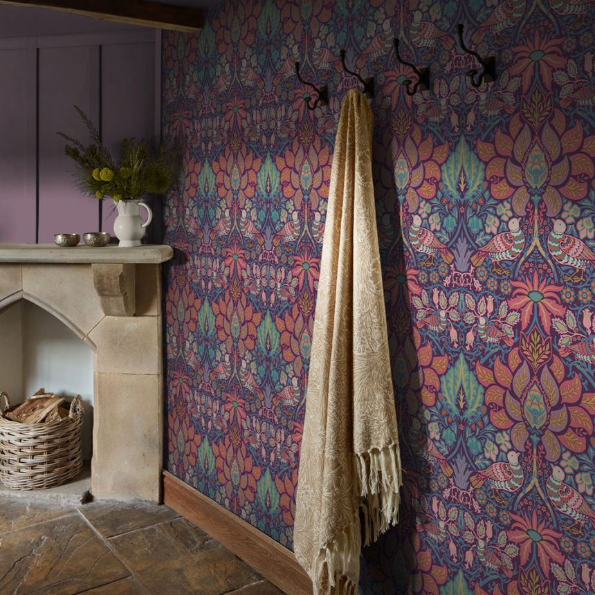 Tapeta, fialová, ružová, kvety, vtáky, 140478, William Morris at Home vol. 2