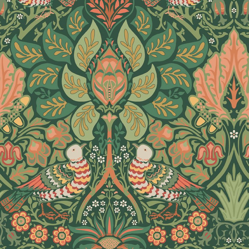 Tapeta, zelená, červená, kvety, vtáky, 140480, William Morris at Home vol. 2