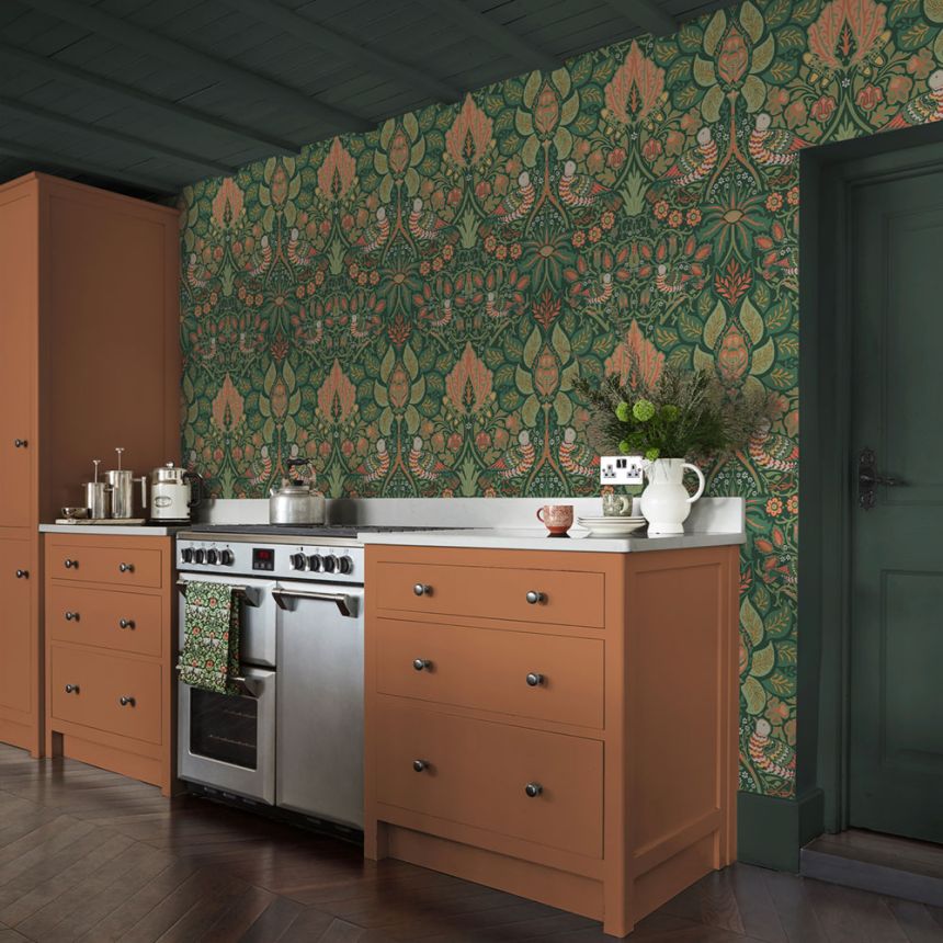 Tapeta, zelená, červená, kvety, vtáky, 140480, William Morris at Home vol. 2