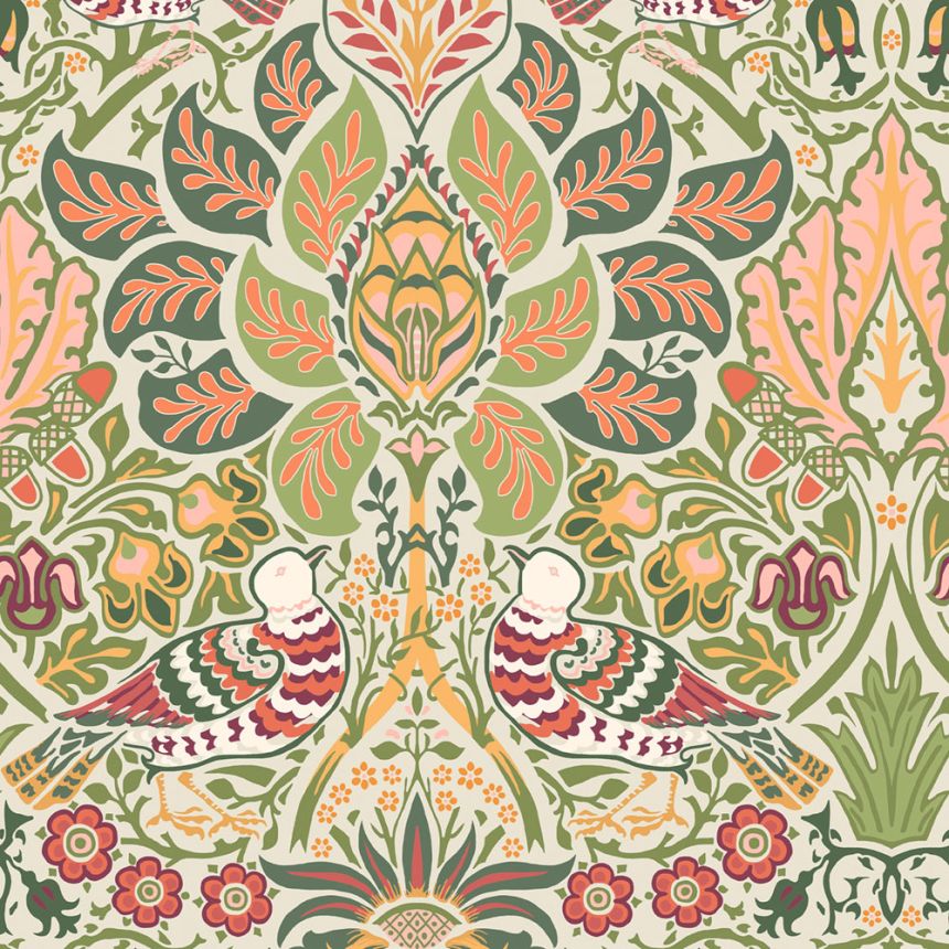 Tapeta, olivová, červená, kvety, vtáky, 140481, William Morris at Home vol. 2