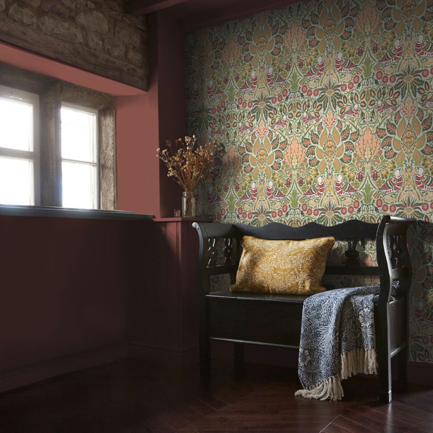 Tapeta, olivová, červená, kvety, vtáky, 140481, William Morris at Home vol. 2