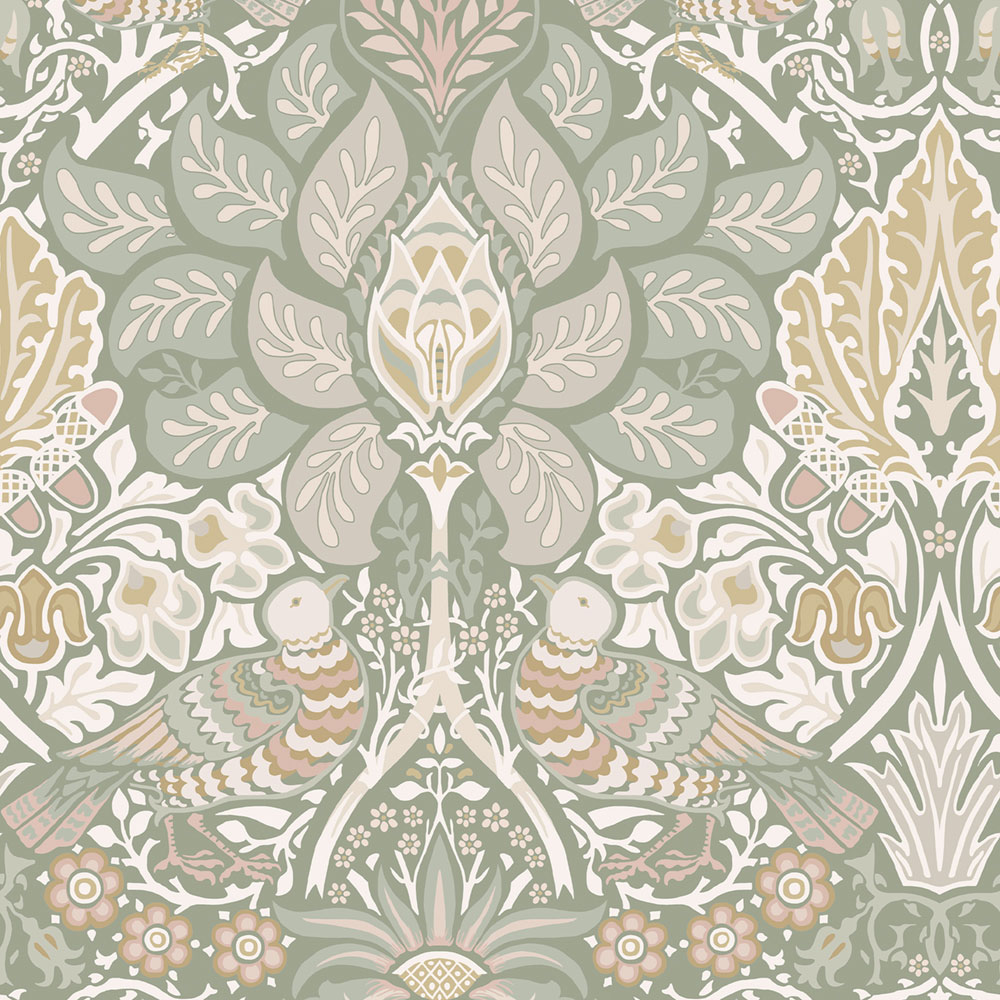 Tapeta, zelená, ružová, kvety, vtáky, 140482, William Morris at Home vol. 2