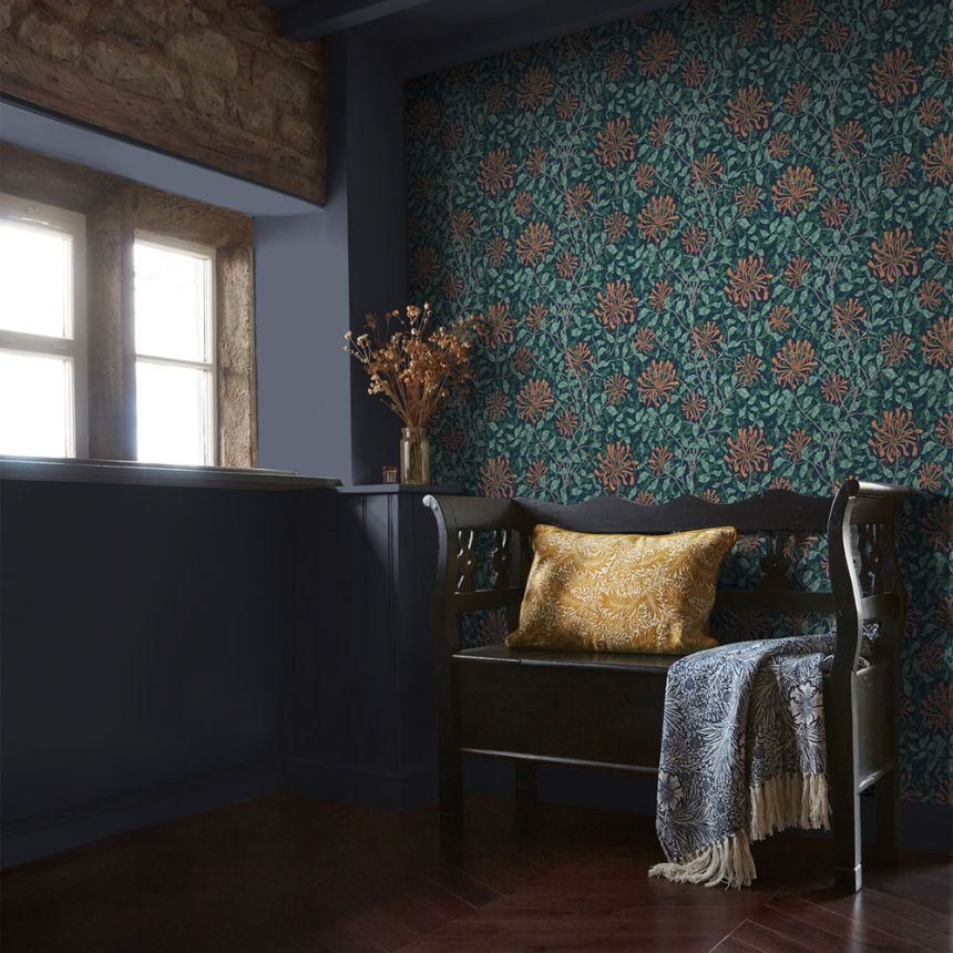 Tapeta, modrá, zelená, kvety, listy, 140484, William Morris at Home vol. 2