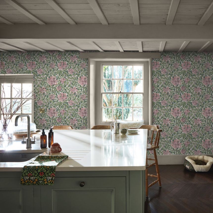 Tapeta, zelená, ružová, kvety, listy, 140486, William Morris at Home vol. 2