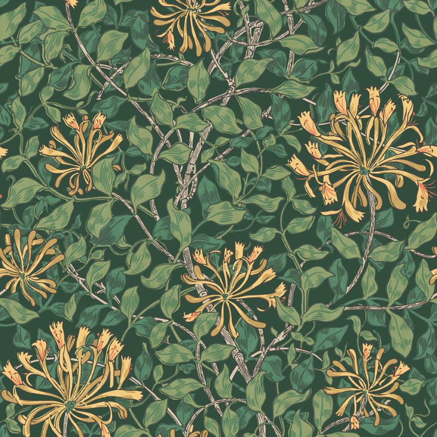 Tapeta, zelená, žltá, kvety, listy, 140487, William Morris at Home vol. 2