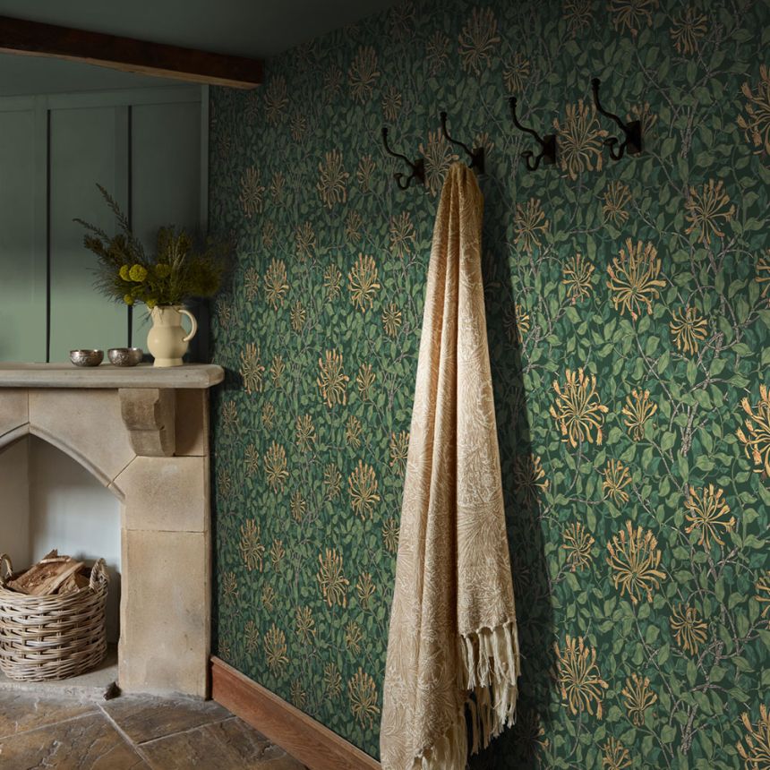 Tapeta, zelená, žltá, kvety, listy, 140487, William Morris at Home vol. 2