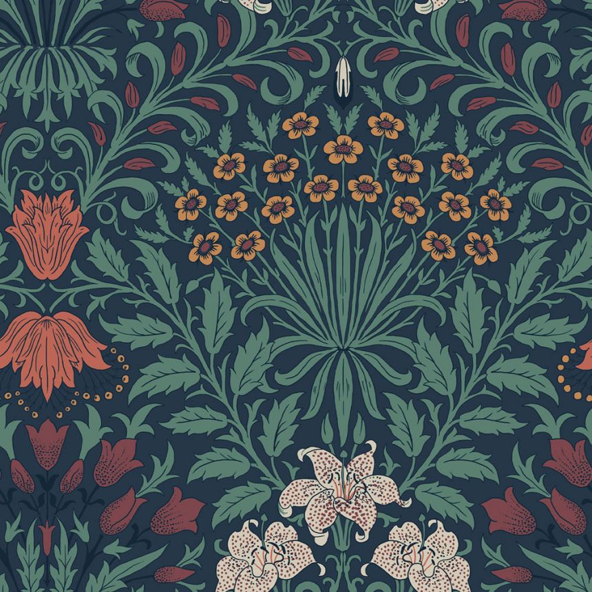 Tapeta, modrá, červená, kvety, listy, 140494, William Morris at Home vol. 2