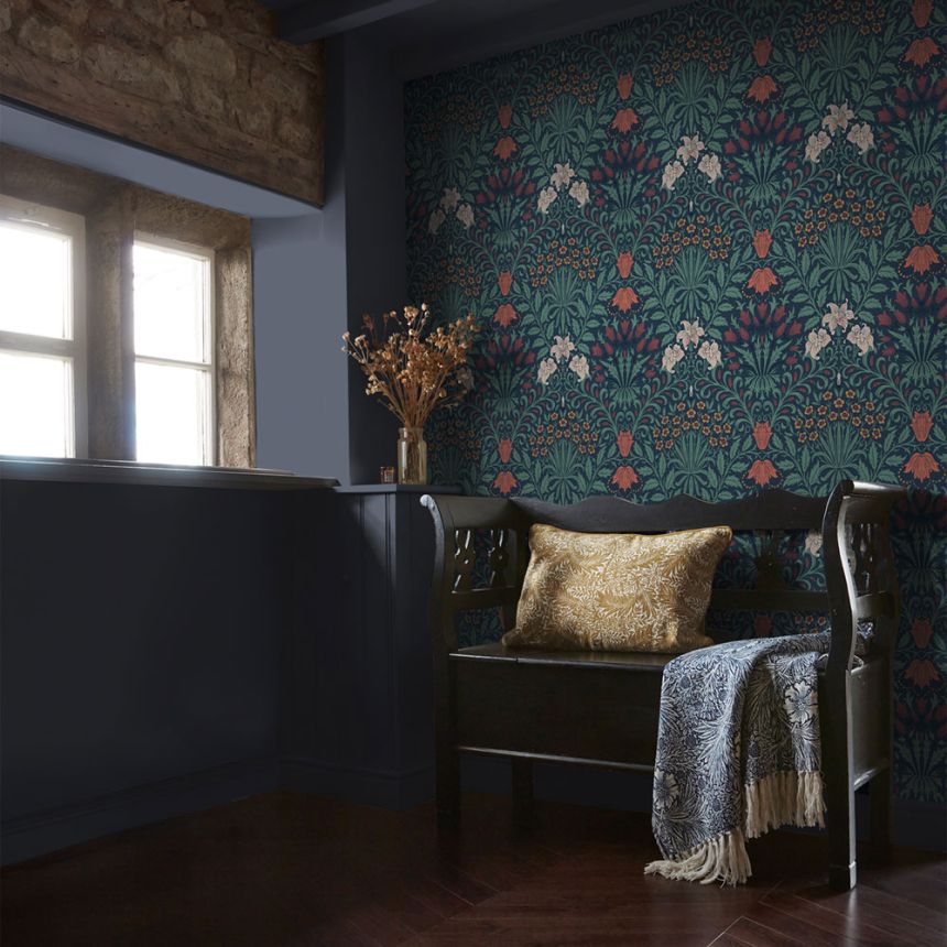 Tapeta, modrá, červená, kvety, listy, 140494, William Morris at Home vol. 2