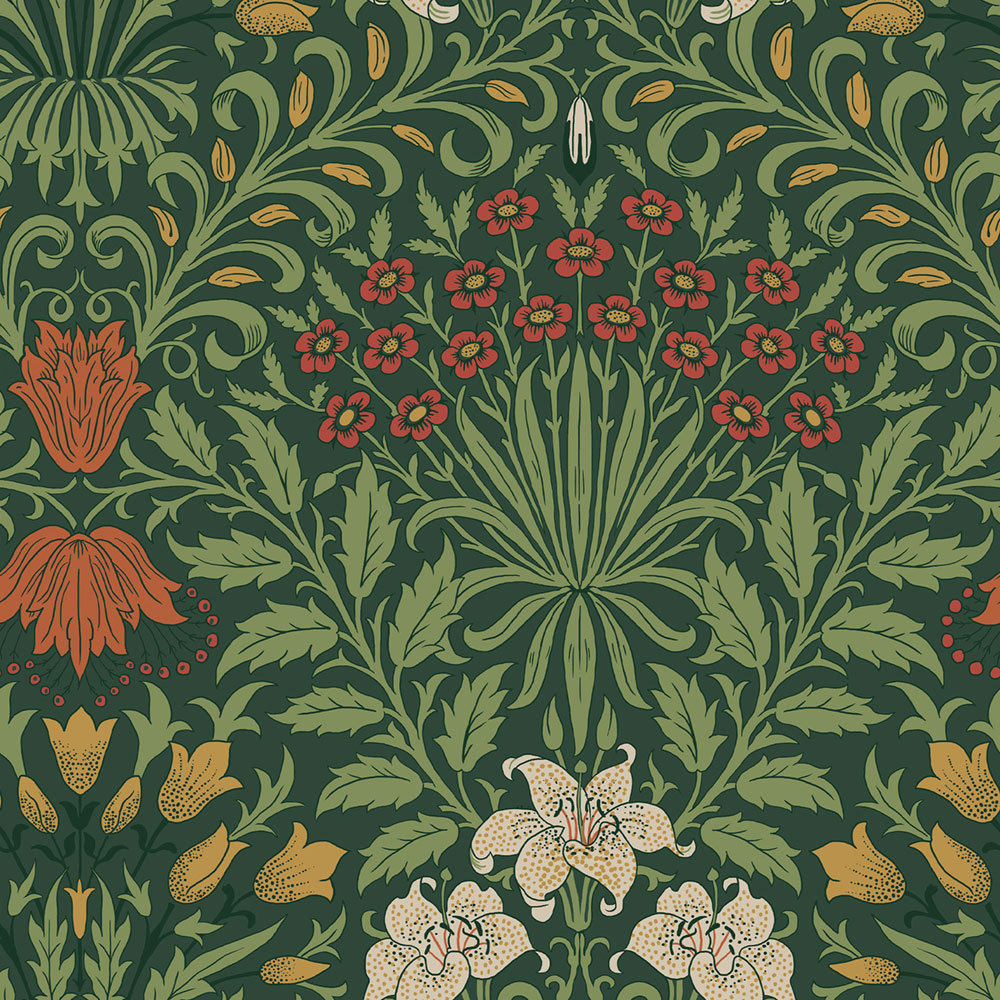 Tapeta, zelená, červená, kvety, listy, 140495, William Morris at Home vol. 2