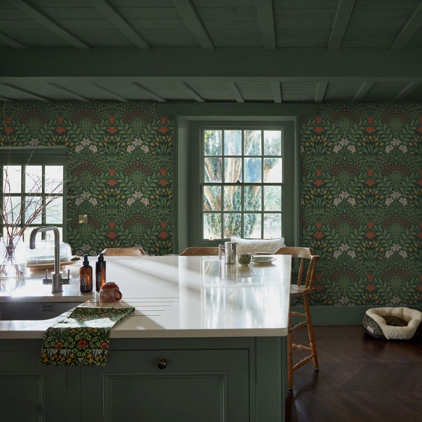 Tapeta, zelená, červená, kvety, listy, 140495, William Morris at Home vol. 2