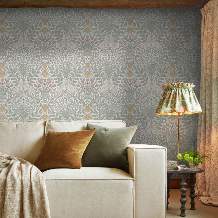 Tapeta, sivá, ružová, kvety, listy, 140497, William Morris at Home vol. 2