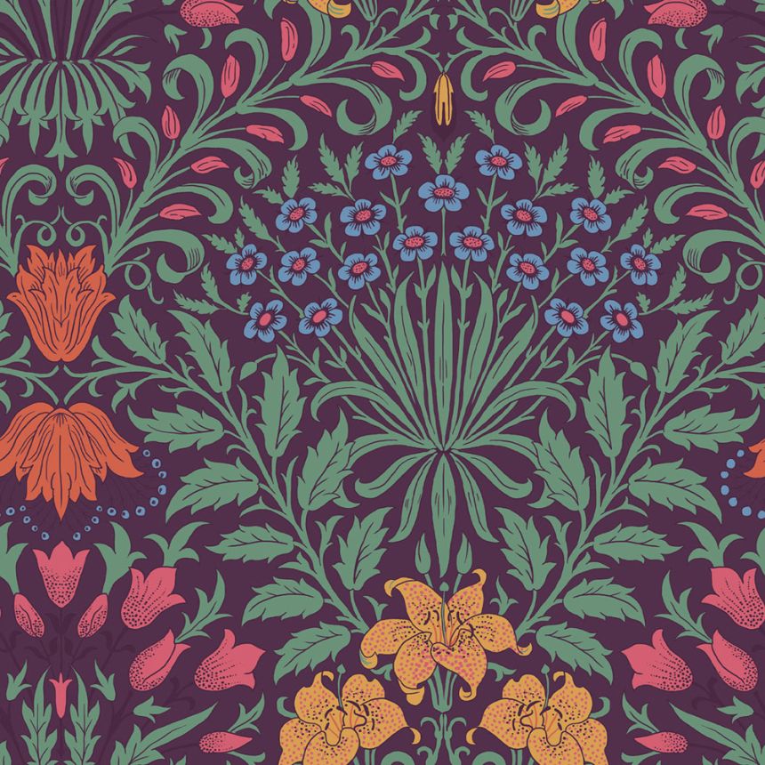 Tapeta, fialová, zelená, kvety, listy, 140498, William Morris at Home vol. 2