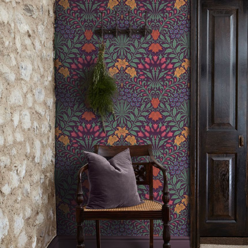 Tapeta, fialová, zelená, kvety, listy, 140498, William Morris at Home vol. 2
