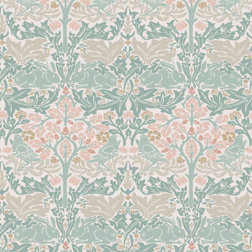 Tapeta, zelená, ružová, listy, stromy, vtáky, zajačiky, 140499, William Morris at Home vol. 2