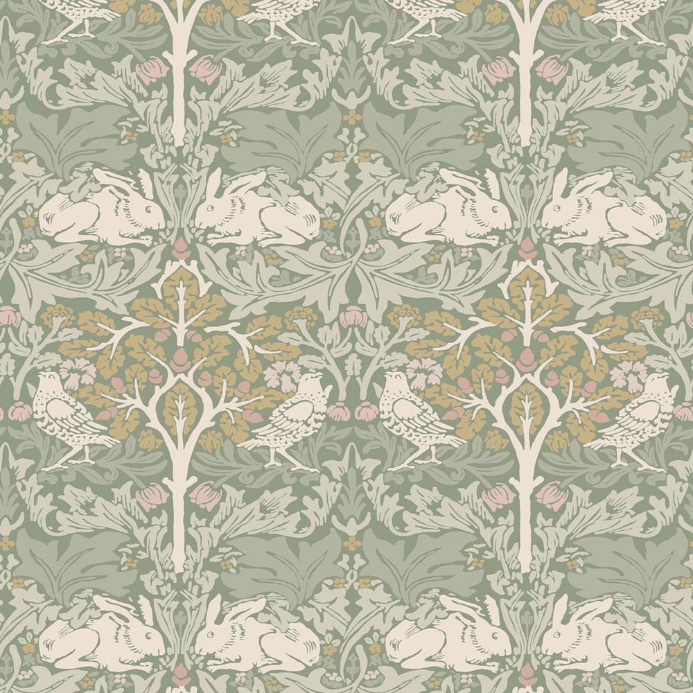 Tapeta, sivá, zelená, listy, stromy, vtáky, zajačiky, 140500, William Morris at Home vol. 2