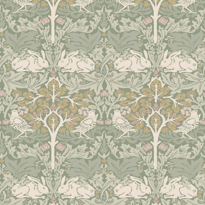 Tapeta, sivá, zelená, listy, stromy, vtáky, zajačiky, 140500, William Morris at Home vol. 2
