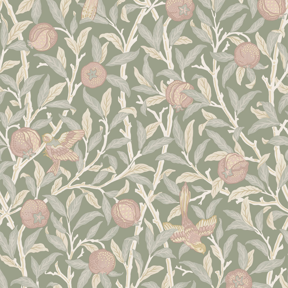 Tapeta, zelená, ružová, vetvičky, vtáky, 140502, William Morris at Home vol. 2