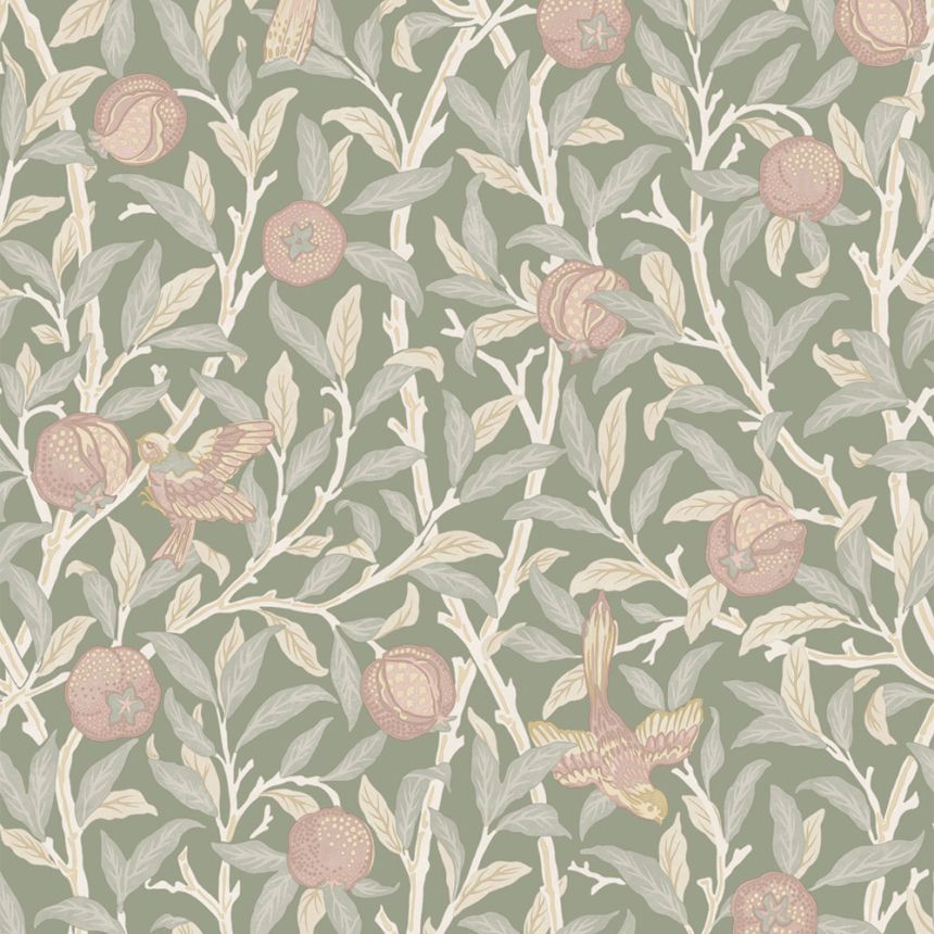 Tapeta, zelená, ružová, vetvičky, vtáky, 140502, William Morris at Home vol. 2