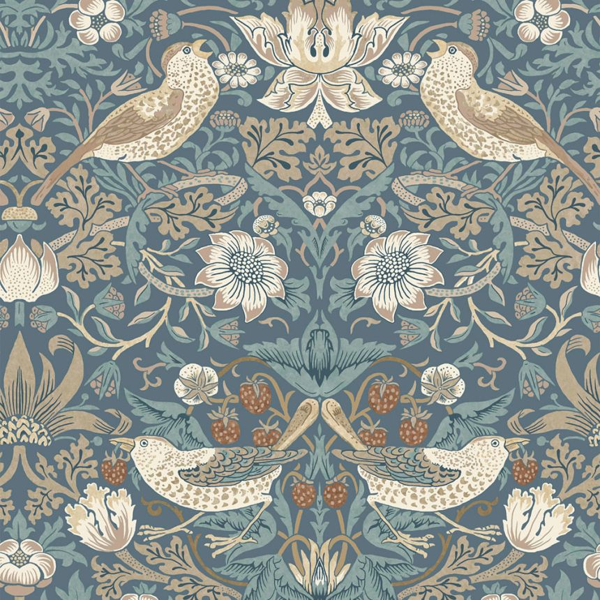 Tapeta, modrá, béžová, kvety, vtáky, 140503, William Morris at Home vol. 2